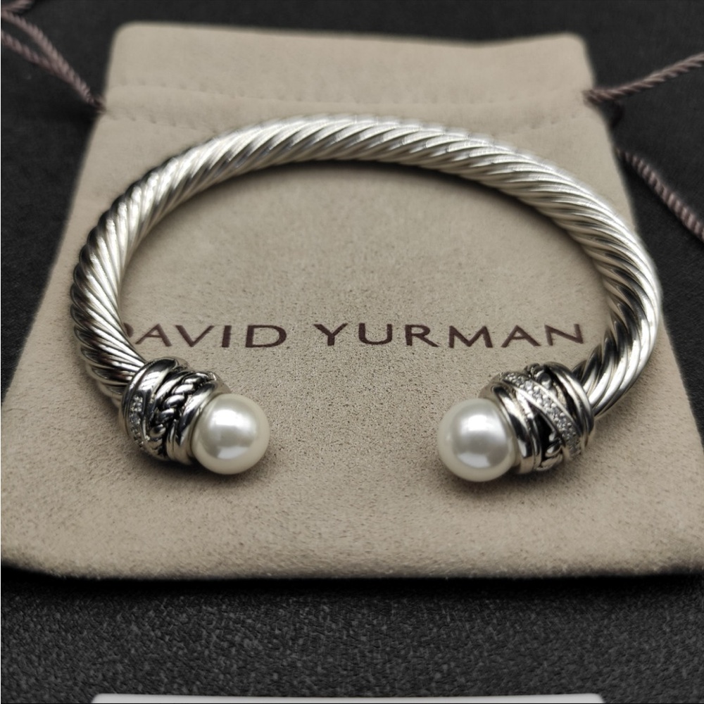 David Yurman Sterling Cable Cuff Bracelet with White Pearls 7mm